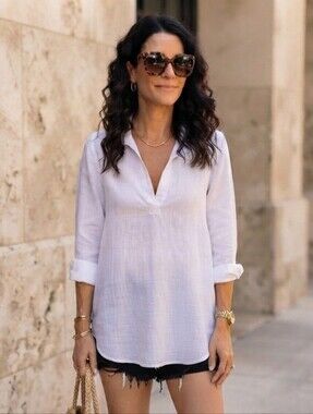 For Cynthia Linen Roll Tab Sleeve Tunic Top Swim Suit Cover Pockets M White